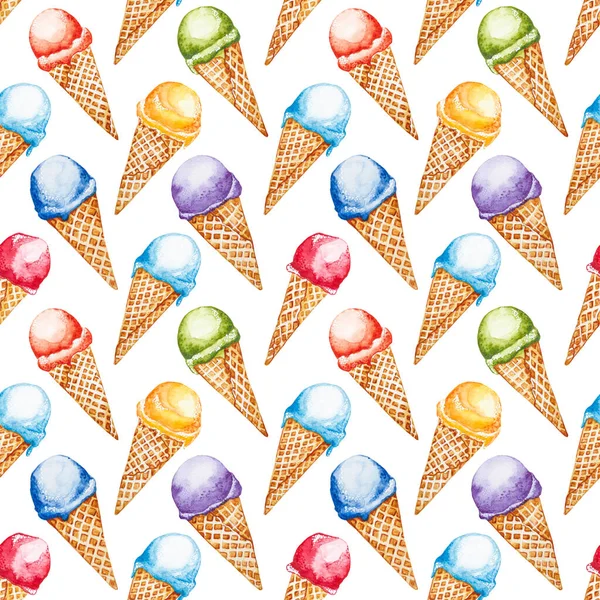 Бесшовный Шаблон Мороженое Семи Цветов Радуги Ручной Рисунок Акварелью Белом — стоковое фото