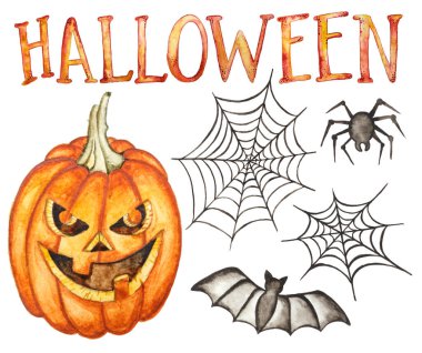 Cadılar Bayramı el yapımı koleksiyon beyaz arka planda izole edildi. Suluboya çizimi. Balkabağı, örümcek, yarasa, örümcek ağı