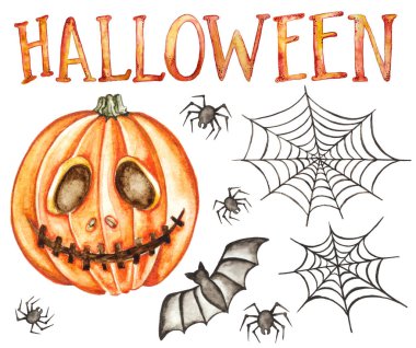 Cadılar Bayramı el yapımı koleksiyon beyaz arka planda izole edildi. Suluboya çizimi. Balkabağı, örümcek, yarasa, örümcek ağı