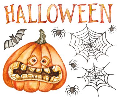 Cadılar Bayramı el yapımı koleksiyon beyaz arka planda izole edildi. Suluboya çizimi. Balkabağı, örümcek, yarasa, örümcek ağı