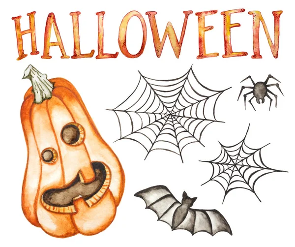 Collezione Disegnata Mano Halloween Isolata Sfondo Bianco Illustrazione Acquerello Zucca — Foto Stock