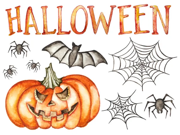 Halloween Ręcznie Rysowane Kolekcji Izolowane Białym Tle Ilustracja Akwareli Dynia — Zdjęcie stockowe