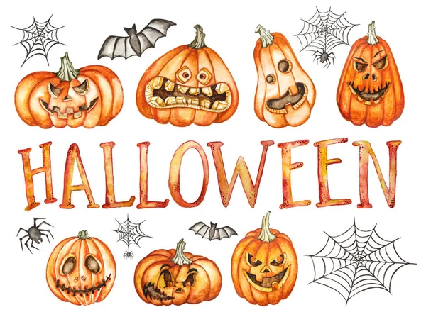 Akwarela Halloween Zestaw Ręcznie Rysowane Ilustracje Wakacyjne Odizolowane Białym Tle — Zdjęcie stockowe