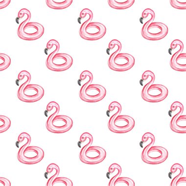 Kusursuz desen. Pembe Flamingo şişirilebilir havuz yüzeyi. Beyaz arkaplanda suluboya çizimi.