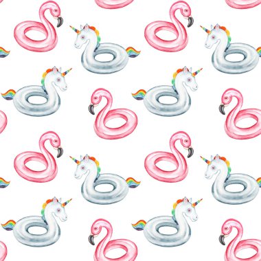 Kusursuz desen. Pembe Flamingo ve Tekboynuz şişme havuz yüzüyor. Beyaz arkaplanda suluboya çizimi.