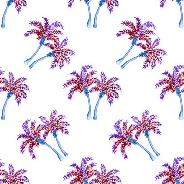 Tropik, pürüzsüz desen. Beyaz arka planda palmiye ağaçları. Suluboya çizimi.