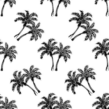 Siyah ve beyaz tropikal desenler. Beyaz arka planda palmiye ağaçları. Suluboya çizimi.