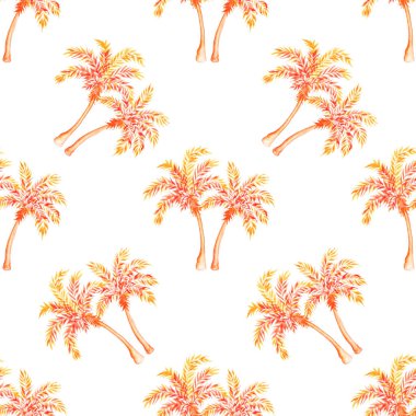 Tropik, pürüzsüz desen. Beyaz arka planda palmiye ağaçları. Suluboya çizimi.