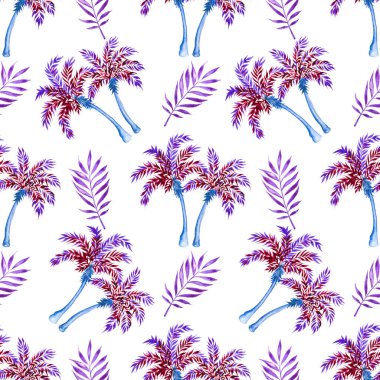 Tropik, pürüzsüz desen. Beyaz arka planda palmiye ağaçları ve yapraklar. Suluboya çizimi.