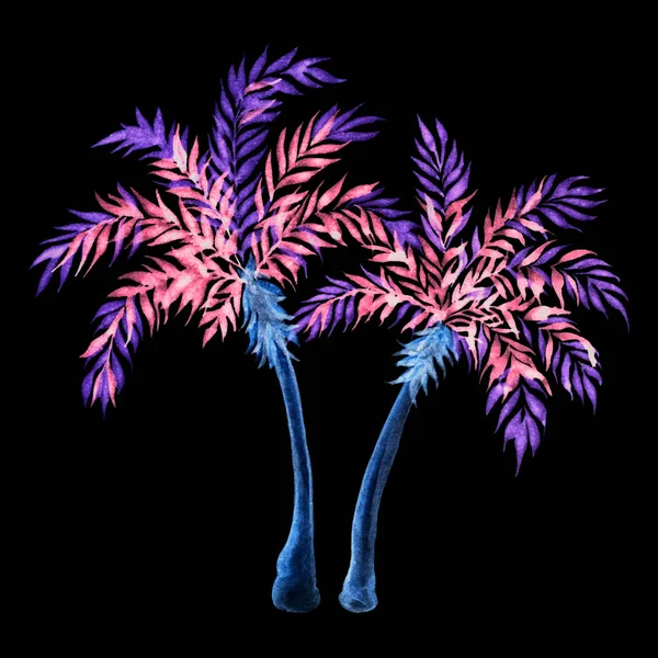 Blue Purple Palm Tree Isolated Black Background Watercolor Illustration — Stock Photo, Image