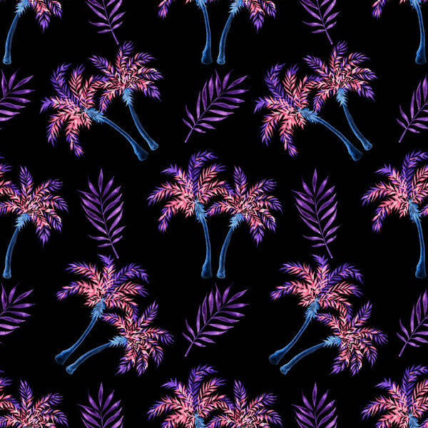Tropical seamless pattern. Palm trees and leaves on black background. Watercolor illustration.
