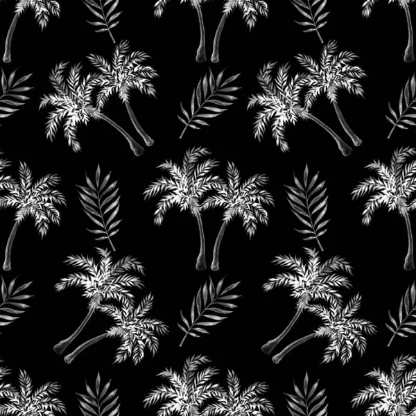 Tropical seamless pattern. Palm trees and leaves on black background. Watercolor illustration.