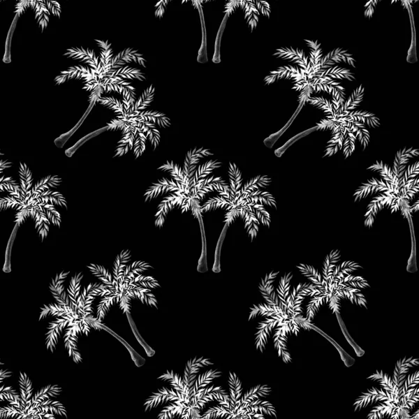 Чорно Білий Тропічний Безшовний Візерунок Пальмові Дерева Чорному Тлі Акварельна — стокове фото