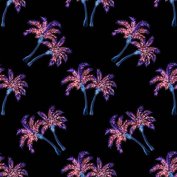 Tropical seamless pattern. Palm trees on black background. Watercolor illustration.