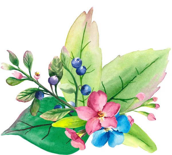 Watercolor forest berry and flowers bouquet
