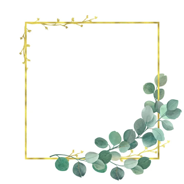 Watercolor gold geometric eucalyptus frame