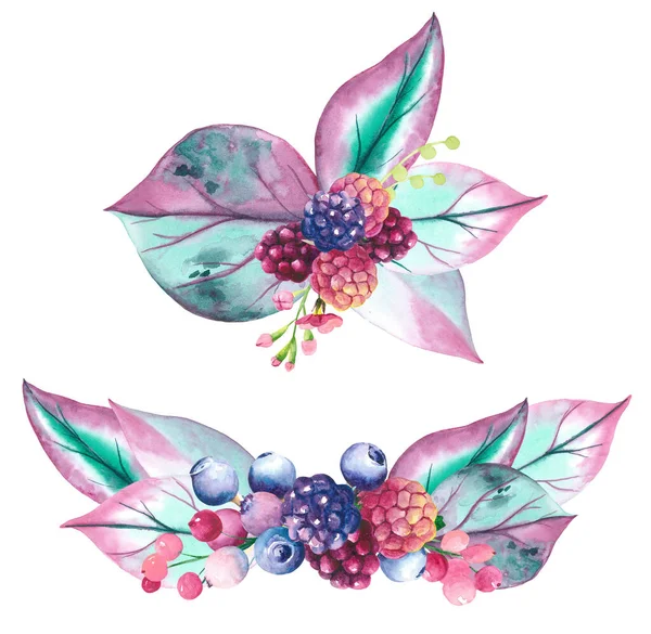 Watercolor two forest berry bouquets