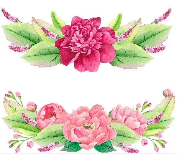 Watercolor two pink peony bouquets