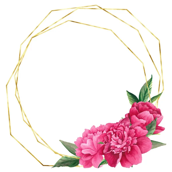 Watercolor pink peony gold frame
