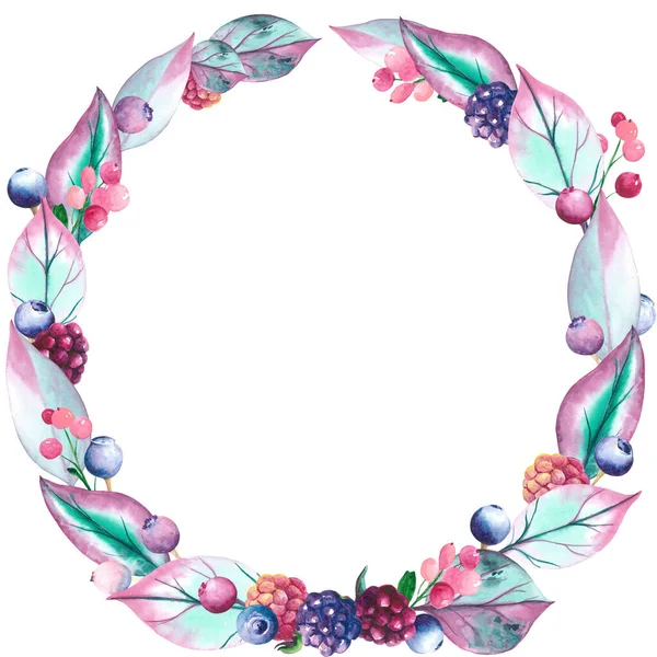 Watercolor forest pink berry wreath — Zdjęcie stockowe