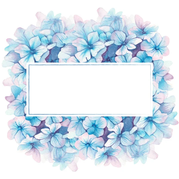 Watercolor blue hydrangea flowers frame