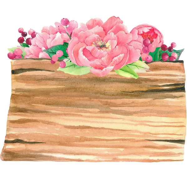 Watercolor peony wood slice frame