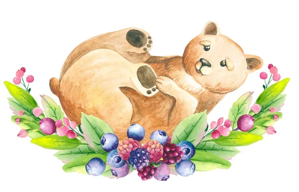 Watercolor bear with forest arrangement