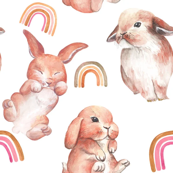 Watercolor rainbows and bunny seamless pattern