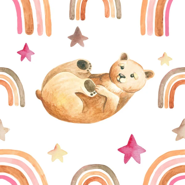Watercolor rainbows bear seamless pattern
