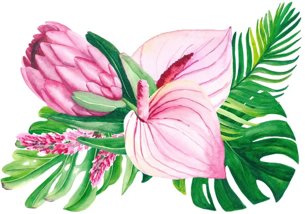 Watercolor pink tropical flowers bouquet
