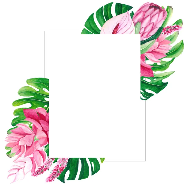 Watercolor tropical flowers wedding frame