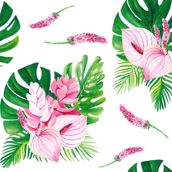 Akvarel tropické květiny bezešvné vzor — Stock fotografie
