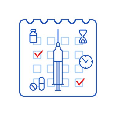 Tedavi için takvim, prosedürler, aşılar ve haplar. Düz mavi renkli simgeler. Doktora gidip aşı, enjeksiyon ve grip aşısı için tarih bulma zamanı.