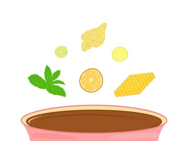 Ballı, naneli, narenciyeli, zencefilli çay. Dekor kartpostalları, posterler, çay dükkanı menüsü için tasarım. Sağlıklı beslenme konsepti sonbahar ve kış, sıcak içecekler. Beyaz arkaplanda izole ögeler