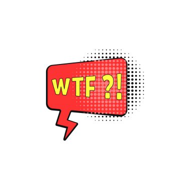 kırmızı konuşma balonu ile metin WTF. Kahraman kitabı için popüler bir işaret. İnternetteki sürpriz etki kavramı ya da şaşkınlık ifadesi, utanç. Beyaz arkaplanda basit bir etiket izole edildi