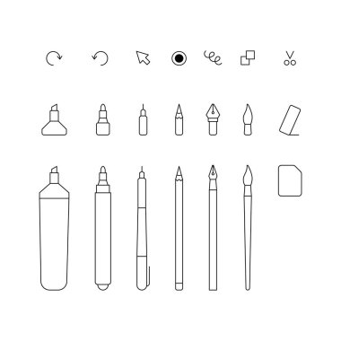 doğrusal grafik araçları ayarlandı. Dijital sanat platformu yaratma kavramı, yazılım tasarımı için basit elementler. Stüdyodaki sanat eserleri için tablet üzerinde görsel web uygulaması. beyaz arkaplanda siyah işaretler