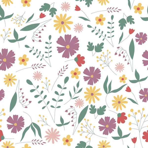 stock vector seamless vintage floral set pattern. simple hand drawn style. pretty pastel purple, rose romantic colors. folk motif, boundless decor. background for covers, wallpapers, gift wrap, childish postcards