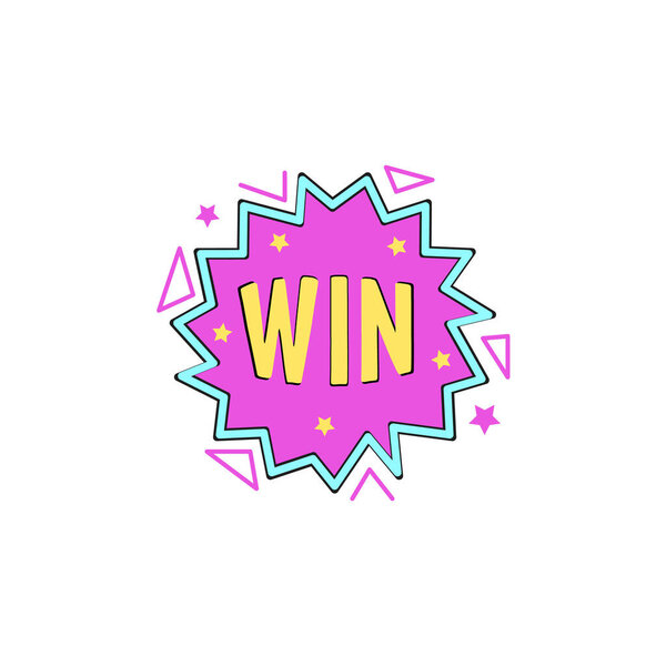 фиолетовый пузырь речи с текстом WIN. популярный знак супер для книги героев. концепция неожиданного эффекта в Интернете или выражение удивления, выигрыш в лотерею. простой дизайн наклейки на белом фоне