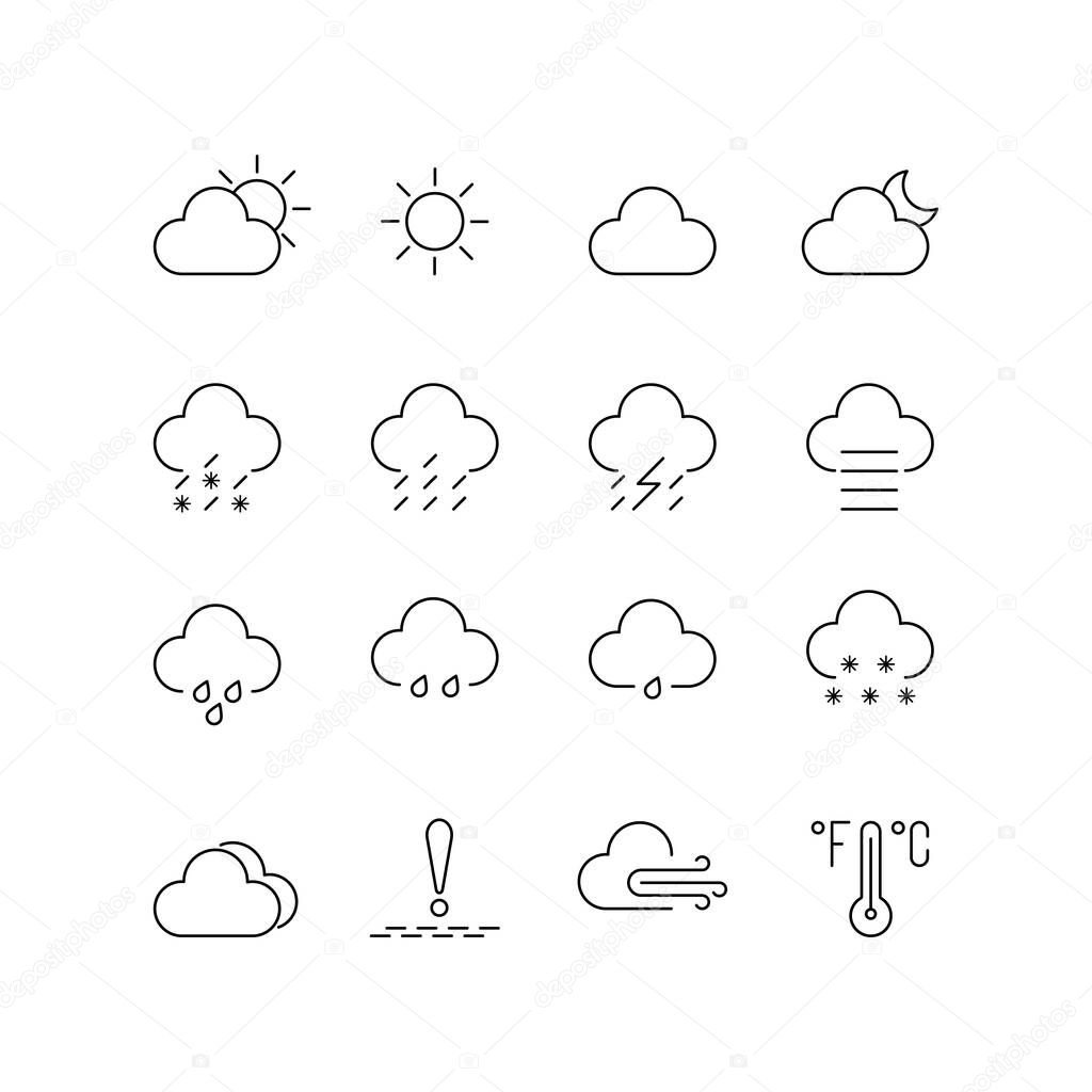 Linear classic weather icons set. season info hot, sunny day, cloudy, rainy or snowy, ice-crusted ground. graphic pack with simple outline elements for interface app mobile, web on white background