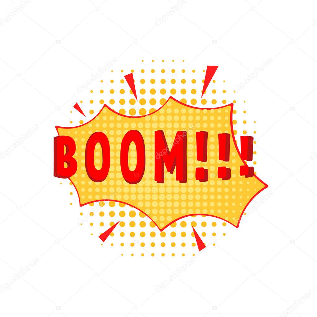 Orange speech bubble with text BOOM. popular sign super power shock for hero book. concept of surprise effect or expression of emotions explosion. simple graphic sticker isolated on white background