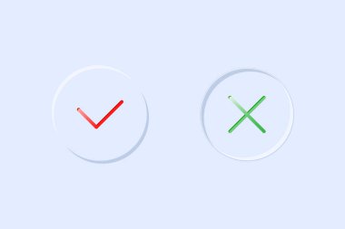 Kırmızı ve yeşil evet - simge yok. Sınav, oy, eğlence ya da sıkılmış tutum ve sevgi ya da nefret kavramı, tüketiciyi onaylamıyor. skeuomorfik tasarım. Beyaz arkaplanda basit işaret izole edildi