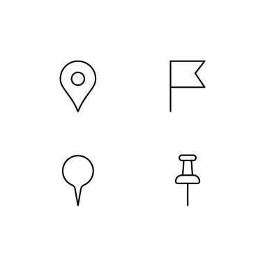 Farklı iğnelerden oluşan doğrusal bir set. Manzara ve adresi işaretlemek için düğme unsurları, turizm için kasabadaki yollar, gezinti ve seyahat bulmak. Beyaz arkaplanda ince çizgi basit siyah işaretler