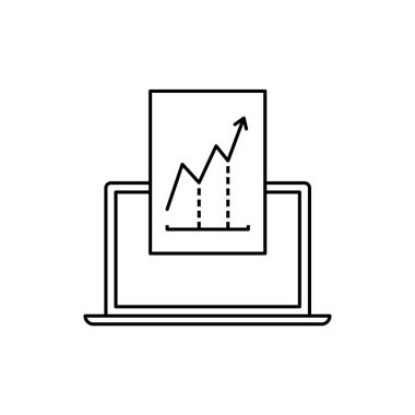 Grafik simgesi olan dizüstü bilgisayarda rapor ver. Dijital form raporu testi konsepti, gelir stratejisi oluşturma, banka bilgisayarında web sitesi için uzun vadeli büyüme yatırımı. beyaz arkaplanda siyah doğrusal işaret
