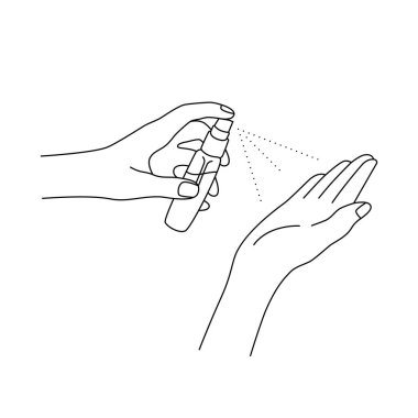 Antiseptik spreyli doğrusal eller. Uygun kol bakımı, cilt dezenfeksiyonu ya da nemlendirici, özel ürünlerin uygulanması. Beyaz arkaplandaki bilgi posterleri için izole edilmiş siyah işaret