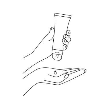 Krema ikonlu doğrusal eller. Yüz ve vücut için doğal nemlendirici ve koruyucu kozmetik kullanımı, kuru cilt ve kırılgan tırnaklar için yaşlanma önleyici ürün kullanımı. beyaz arkaplanda siyah işaret izole edildi