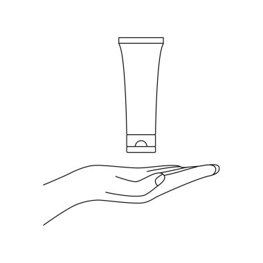 Doğrusal el krema ikonu sunar. Reklam konsepti, yüz ve vücut için doğal nemlendirici kozmetik, kuru cilt ve kırılgan tırnaklar için yaşlanma önleyici ürün. beyaz arkaplanda siyah işaret izole edildi
