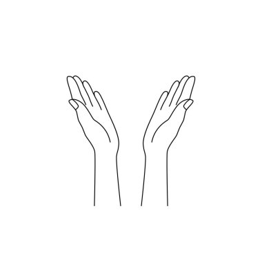 İnce çizgili eller ikonu kaldırdı. Minnettar bağışı, insanları sevme, iltifat, bravo, papaza inanç. Merhaba, merhaba sembolü. Gerçekçi çizim, açık avuç içi. beyaz arkaplanda siyah doğrusal işaret