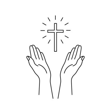 Doğrusal eller yukarı ve çapraz simge. Hristiyanlığa güven ve sevgi kavramı, ruhani barış, İncil 'e inanmak, cennete başvurmak, bağış talep etmek. beyaz arkaplanda siyah basit doğrusal işaret
