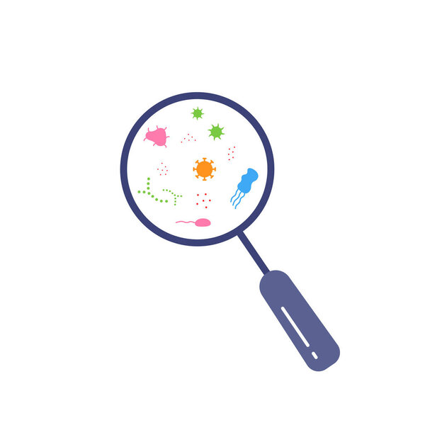 цветные бактерии и микробы под лупой. концепция исследования здоровья человека, проверка на наличие вредных микроорганизмов, информация о бактериях на теле или вещи. простой плоский знак на белом фоне