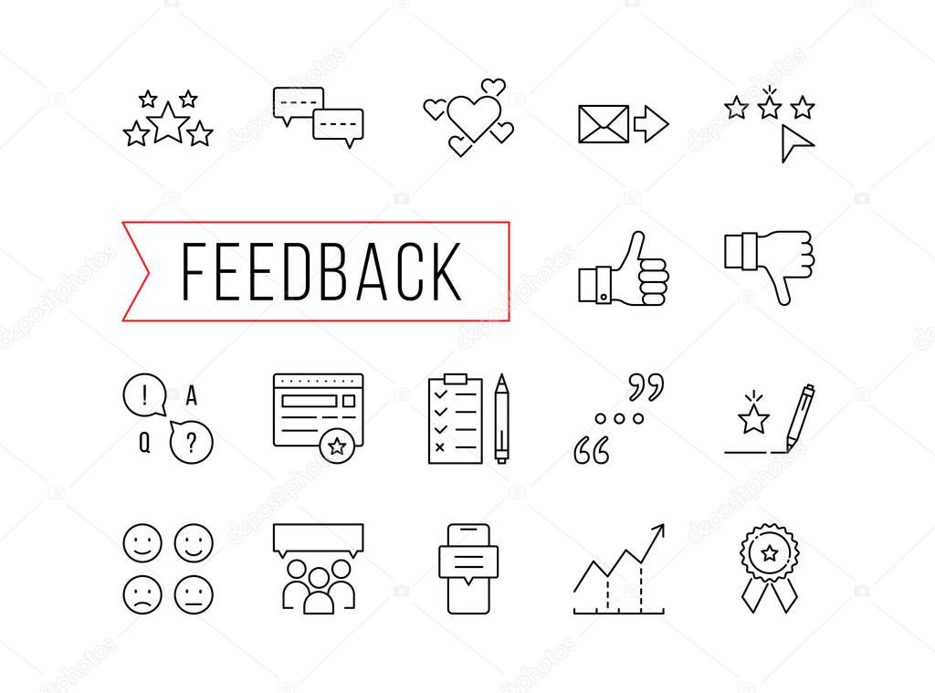 set of feedback icons. concept of testimonials in social web, influence forum, loyalty proposal, target research, inquiry - response, crm. symbol media. black linear sign isolated on white background